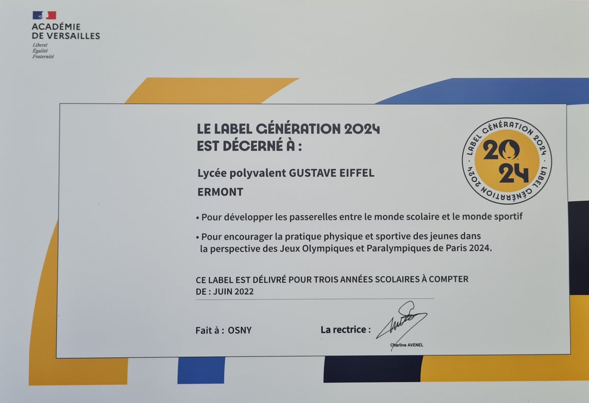 Le LABEL GENERATION 2024 est délivré au Lycée G.EIFFEL @ErmontLycee pour 3 années à compter de Juin 2022.🎉🥇
Hâte de voir l'impact et l'implication de nos équipes et apprenants ⚽️🏈🥎🏐🏉🏀🏆
#VoiePro
#JPO2024
@acversailles 
@CfAcademique