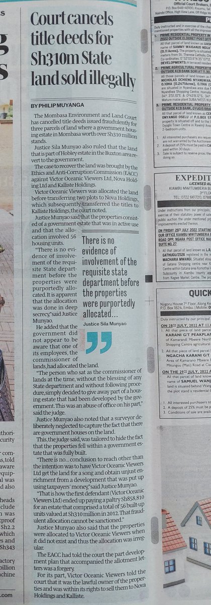 #PublicLandRecovered: #ELCourt rules to restore developed public land in Mombasa that had been irregularly privatised, in disregard of the public houses.

Precedent likely to be used to recover many other pieces of developed public land in various municipalities.

<a href="/EACCKenya/">EACC</a>