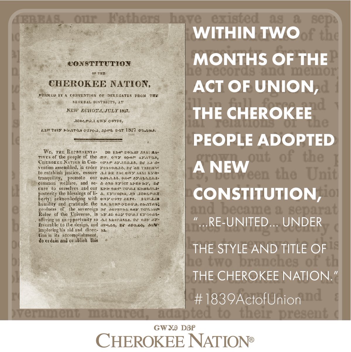 CherokeeNation's tweet photo. #DidYouKnow: Within two months of the 1839 Act of Union, the Cherokee people adopted a new constitution. #ActOfUnion #183years https://t.co/Oc9qtEnooi