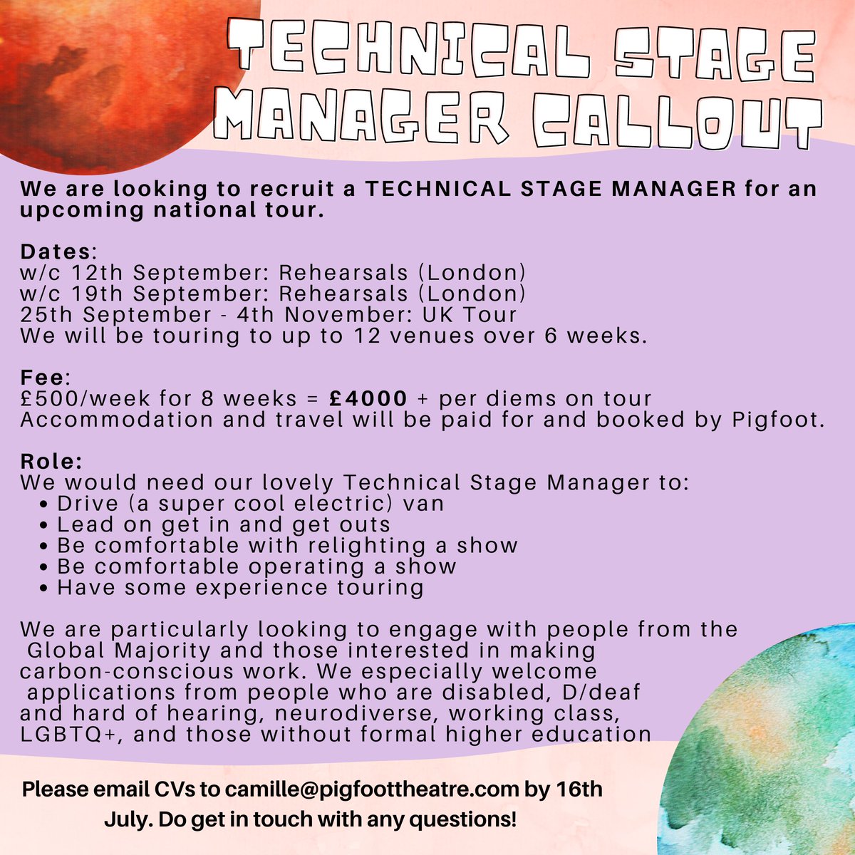 pigfoottheatre's tweet photo. *** TOURING TECHNICAL STAGE MANAGER CALLOUT EXTENDED *** 

We are looking for a TECHNICAL STAGE MANAGER to join us on a very exciting UK TOUR this autumn! 

Get in touch by emailing camille@pigfoottheatre.com ASAP, or by 16th July with a CV 🕺

Pls share! ✨ https://t.co/8U0VZCEnGo