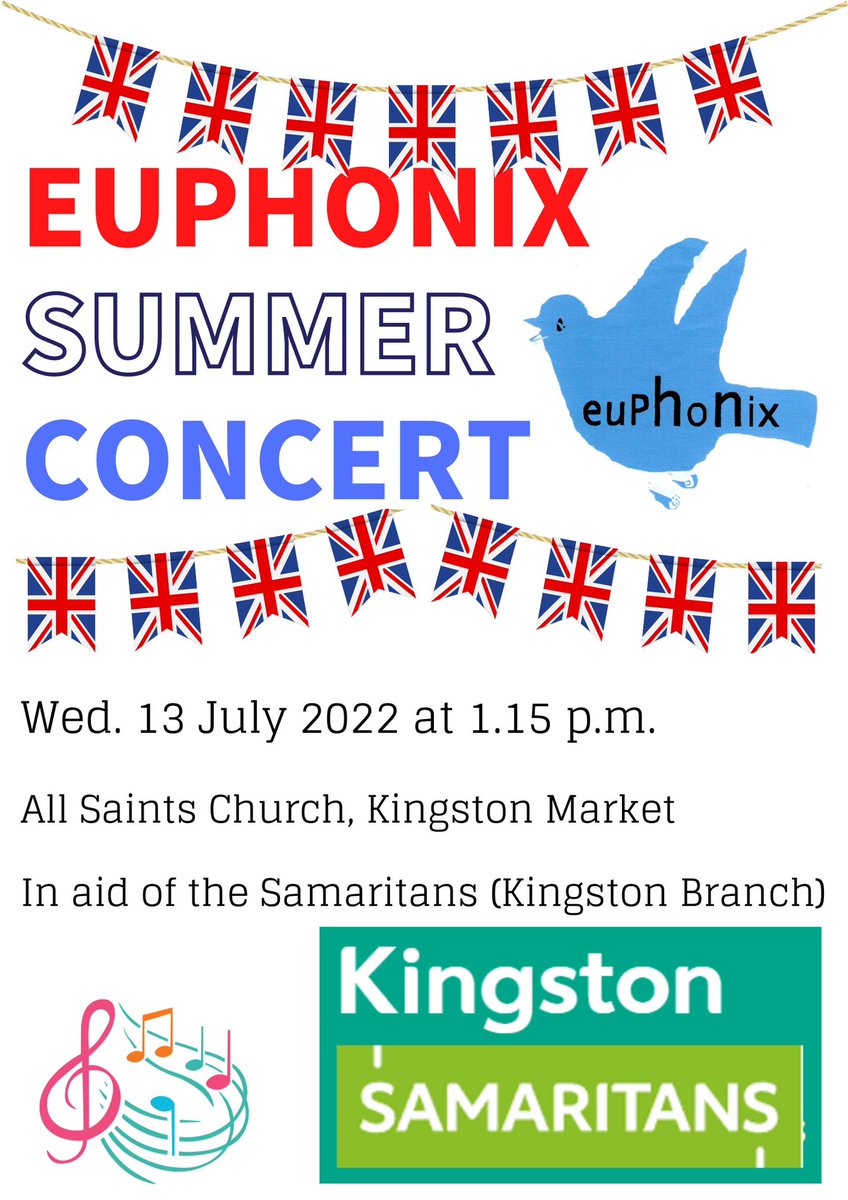 Don’t miss the free lunchtime concert tomorrow, from Euphonix Community Choir in All Saints Church, Kingston. 

The summer concert will be supporting our <a href="/sams_kingston/">Kingston Samaritans</a> branch.

Everyone welcome!