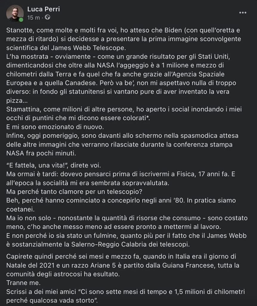 wikiperri's tweet photo. Mentre rilasciano le nuove immagini, vi lascio qui la mia riflessione sulla foto di ieri del James Webb Telescope.

Vi lascio il link nelle storie, se vi è più comodo leggerla su Facebook. 

#jameswebbspacetelescope #jameswebb #firstimage https://t.co/t8Ezux0K5V https://t.co/IgjMuRATn5