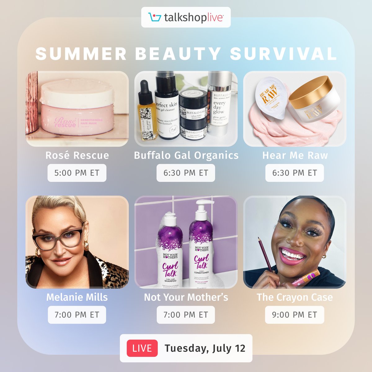 Is your skin and hair ready to combat the summer heat? 😅🔥 Today's Summer Beauty Survival Day includes <a href="/TheScottyCunha/">Scotty Cunha</a>'s Rosé Rescue, <a href="/BfloGalOrganics/">Buffalo Gal Organics</a>, <a href="/HearMeRawBeauty/">Elon Mask</a>, <a href="/GleamMMH/">Melanie Mills Hollywood</a>, <a href="/notyourmothers/">Not Your Mother's</a> and <a href="/thecrayoncase/">The Crayon Case Cosmetics</a>.