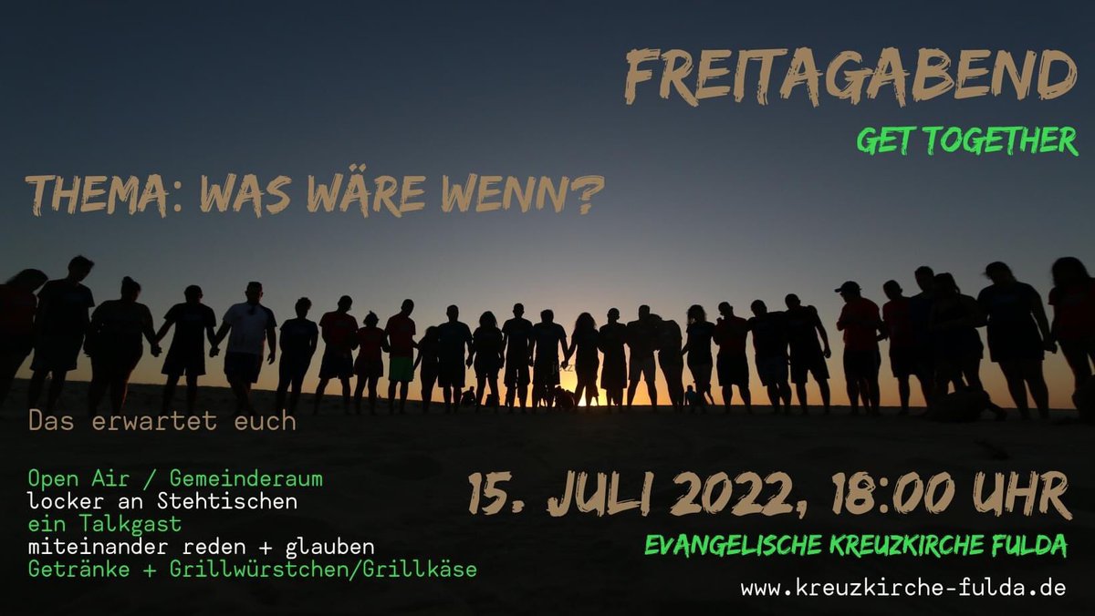Wir machen mal was Neues. Dafür lassen wir auch was - mindestens genauso wichtig.
Freitagabend statt Sonntagmorgen.
Viel Gespräch an Stehtischen Open Air, ein Videoimpuls, ein Talkgast, der den Blick weitet und Getränke/Gegrilltes.
#fulda #kreuzkirche 

kreuzkirche-fulda.de/de/News/Newsme…