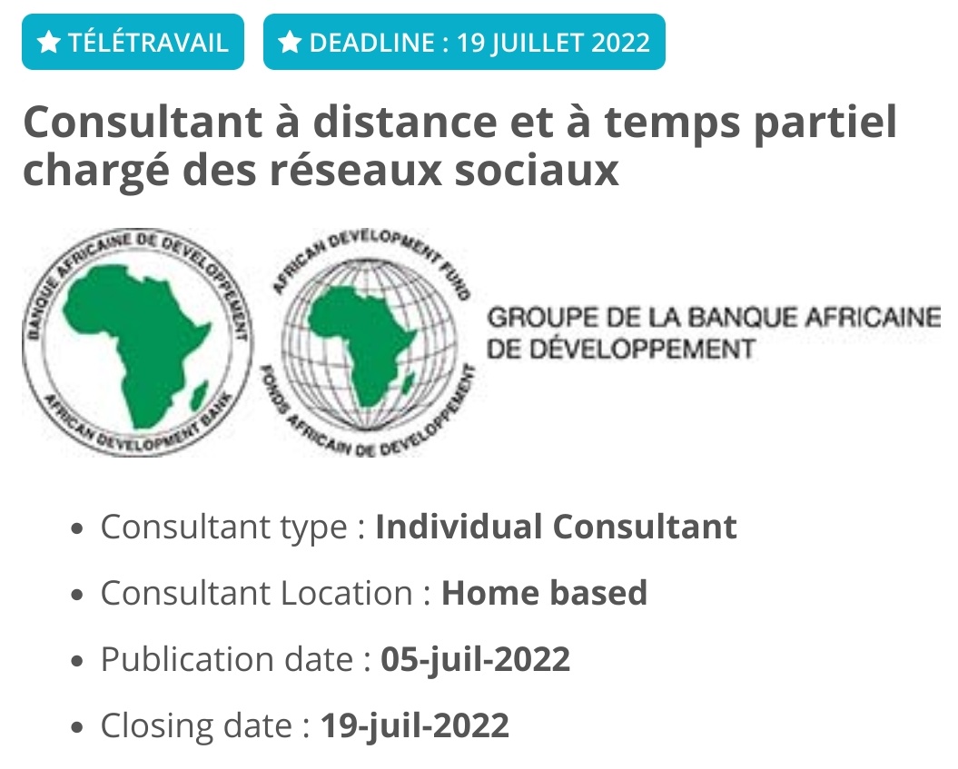 A notre artiste @H_thehugeokedje, nous ne pouvions pas publier cette offre sans penser à toi : La #BAD  recherche un consultant à #distance et en temps partiel en charge des réseaux sociaux !
afriworkers.net/content/perma?…
#Afriworkers #teletravail
