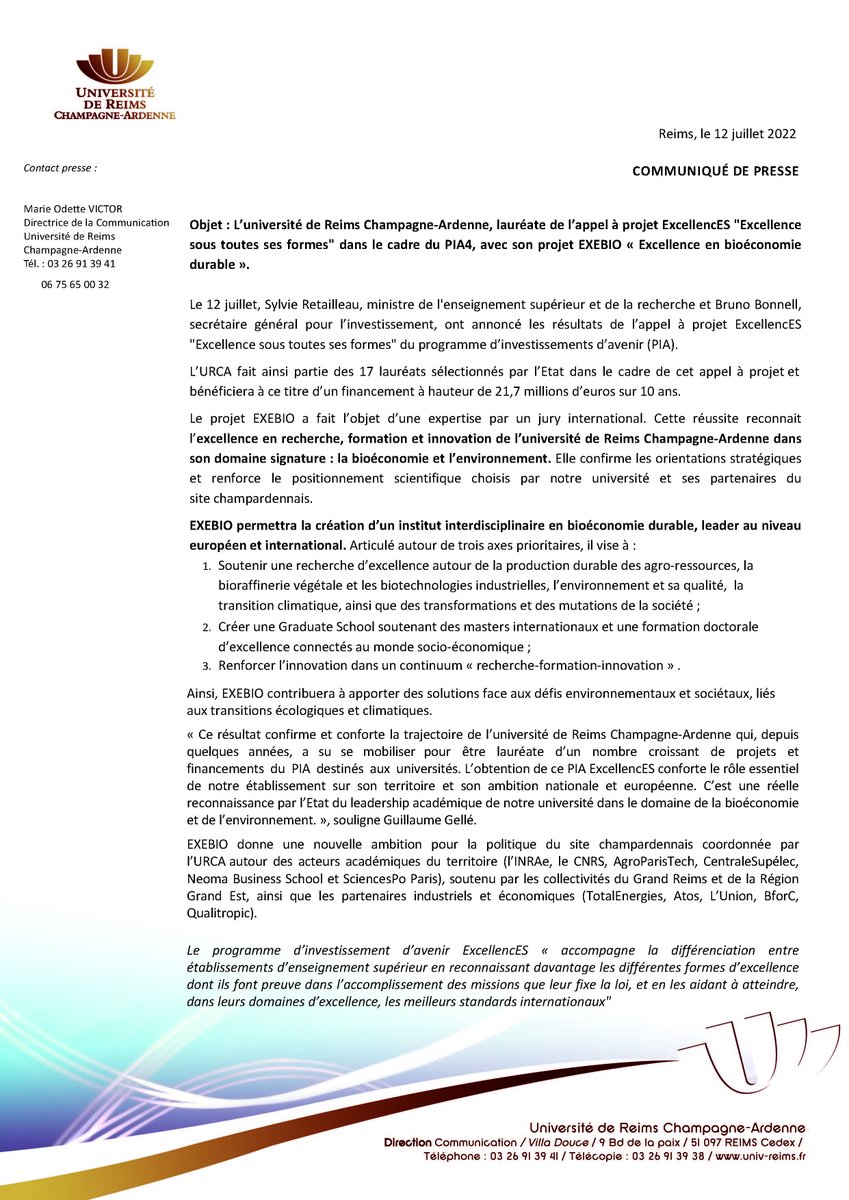 universitereims's tweet photo. L’@universitereims lauréate du PIA #ExcellencES avec #EXEBIO #bioéconomie #environnement #France2030 @sup_recherche @sretailleau @SGPI_avenir  @BrunoBonnellOff https://t.co/NlzvE1W0Nz