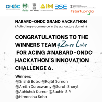 ONDC_Official's tweet photo. Congratulations to Srishti Batra, Rajat Suman, Amith Doreswamy, Sarah Sheryl, Abhishek Kumar, Sachin S.R, and Himanshu Saha of qZense Labs  on winning the Innovation challenge 6 on 'developing a prototype for quality assessment of farm products in the value chain' https://t.co/alByGzbd4a