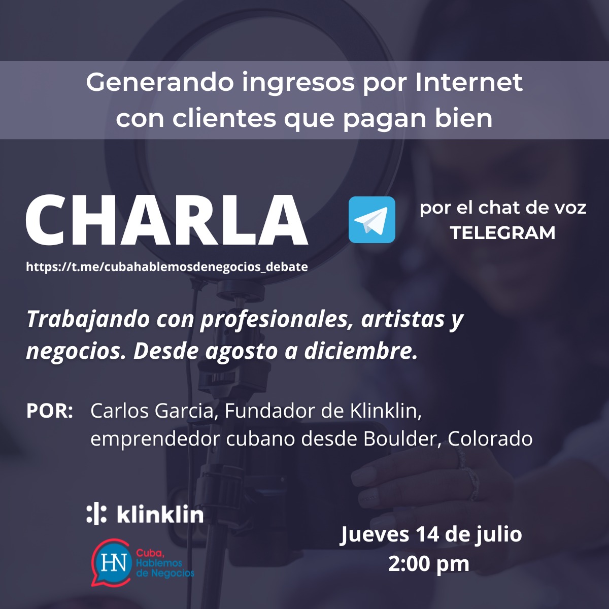 letsklin's tweet photo. Join our talk in the Telegram group https://t.co/KU4WSXQzGK, where we will show how #Klinklin can help professionals obtain well-paying clients through the Internet 😁

Thursday, July 14, 2:00 pm,  join us! 
(the talk will be in Spanish)

#talks #ideas #team #work https://t.co/607L6eCgs4