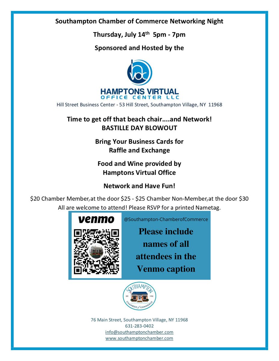 SouthamptonCofC's tweet photo. Join us for our Networking Night this Thursday, July 14th, at The Hamptons Virtual Office Center. 
Call (631)283-0402 or email info@southamptonchamber.com to RSVP. https://t.co/JOAV34ICxZ