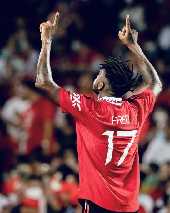 Fred celebrates his goal during our 4-0 win over Liverpool at the Rajamangala Stadium.