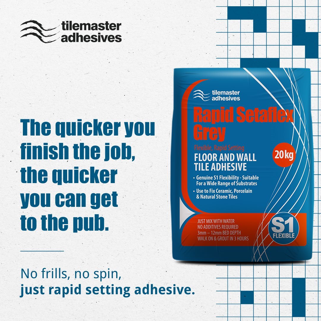 Our Rapid Setaflex has been specially formulated for fixing a large variety of tiles, and its rapid setting capability allows for light foot traffic and grouting after just three hours. Find it at your local stockist today.

bit.ly/3AL9HeK

#tilemasteradhesive #nospin