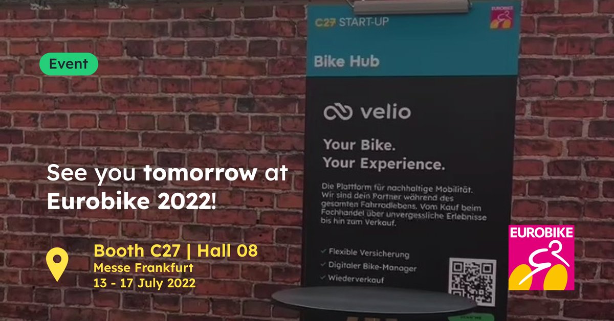velio_de's tweet photo. #velio will be at the @EUROBIKE_SHOW tomorrow! Meet us in Hall 8, Booth C27. We are looking forward to meeting you!
#eurobike #eurobike2022 #bicycle #sustainability #ebike #mobility https://t.co/7kGGnwlvwW