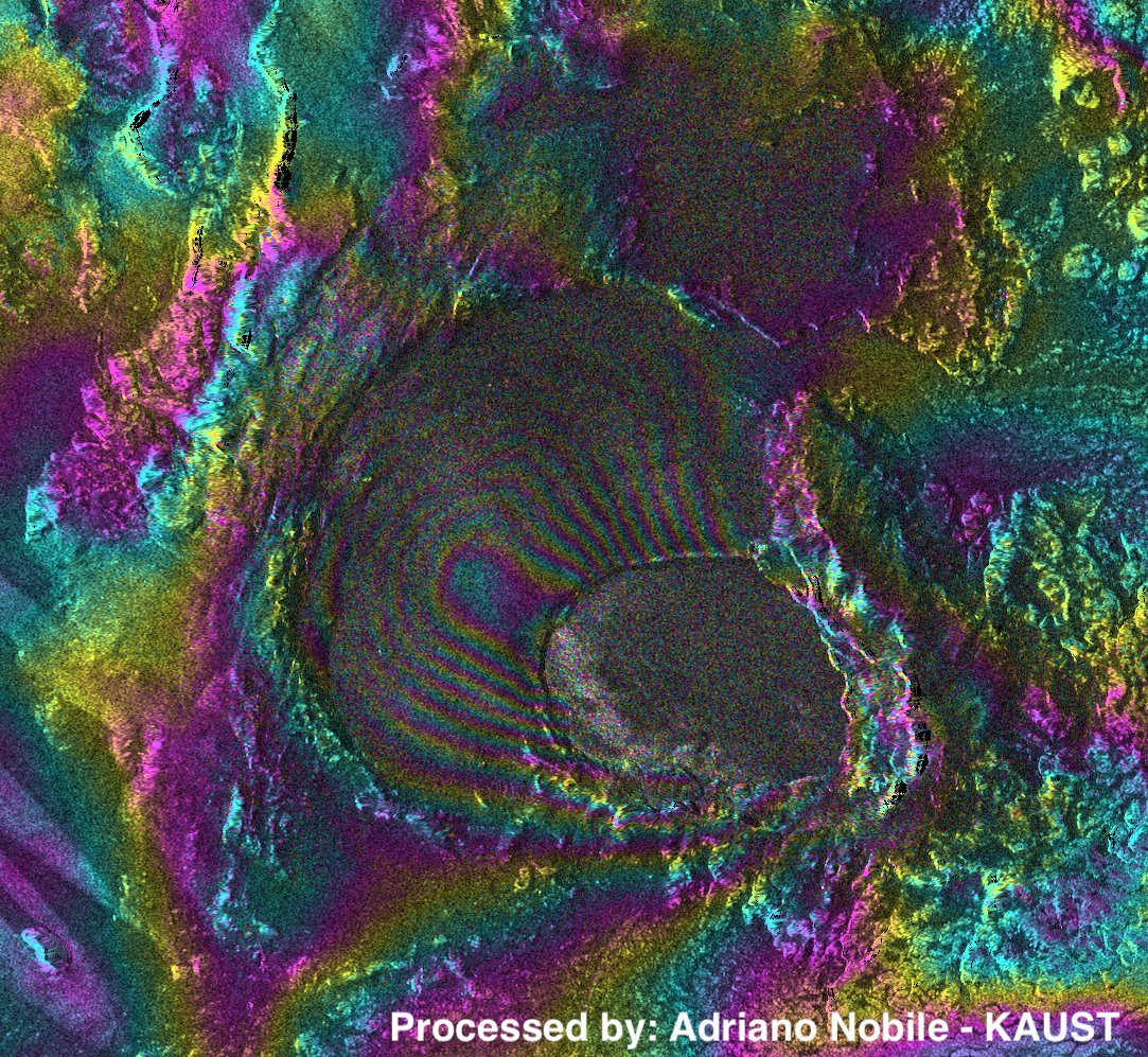 The coherence is finally back, I had to wait only 10 months 😜. #Sentinel_1 interferogram between Sep 1st 2021 and Jul 10 2022 shows that the uplift (~10 fringes - ~30 cm) at #Askja continued during the winter.