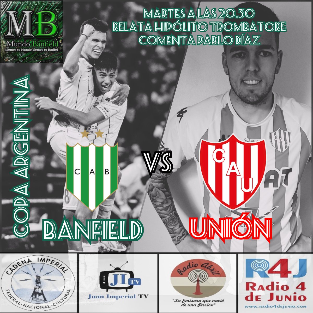 Mundo_Banfield's tweet photo. #CopaArgentina desde las 20.30  #Banfield vs Unión relata @HTrombatore comenta @diasbrutales Estudios @juanImperial

Escuchanos por @radio4dejunio @fmradioabril @juanimperialtv @cadenaimperial

Links👇👇👇
https://t.co/MBGqfNhy77 https://t.co/qVRl9LTtax 
https://t.co/MrjvBNXvEu https://t.co/T8S3rrSFmN