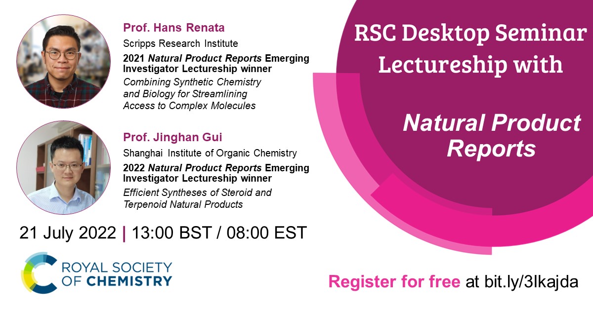 Don’t forget to register for our upcoming Desktop Lectureship Seminar on 21 July at 13:00 BST ⏳

This free event will feature talks from the 2021 and 2022 NPR Lectureship winners Hans Renata <a href="/hanzyduzit/">Hans Renata</a> and Jinghan Gui <a href="/Jinghan_Gui/">Gui Lab</a>

Register here today 🔗 bit.ly/3Ikajda