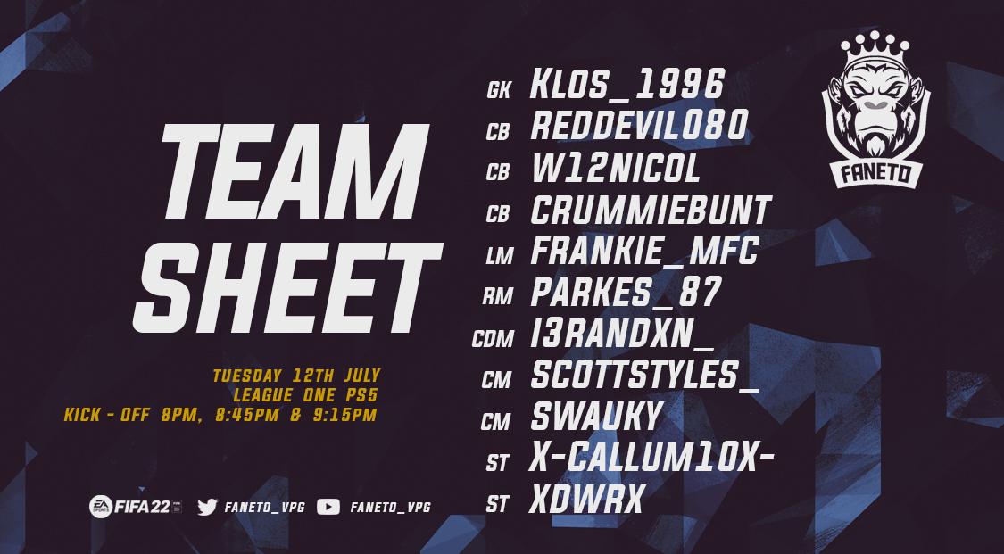 MATCHDAY: Only one change from the team that went undefeated on the opening night. Here is the lineup vs our opponents tonight.

🆚@NoireEsports 
🆚<a href="/FUTcoaching/">| FUTcoaching |</a> 
🆚<a href="/DrillerzESports/">Drillerz E-Sports</a> 
<a href="/VPGUK/">VPG UK Leagues</a> <a href="/VPGEurope/">Virtual Pro Gaming | Europe</a>

Live stream can be found here: twitch.tv/faneto_vpg