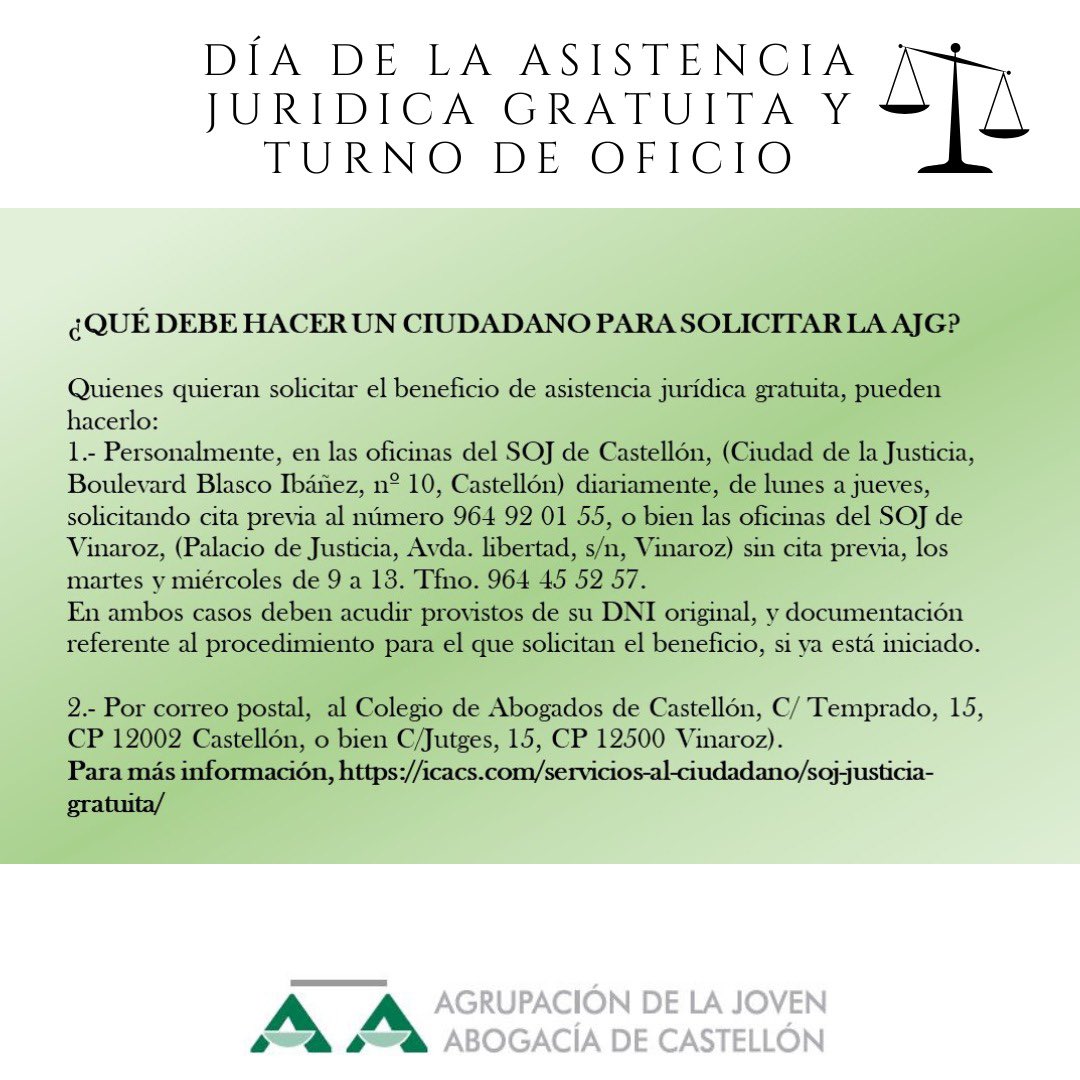AJA_Castellon's tweet photo. En el #DiaJusticiaGratuita y #TurnodeOficio os dejamos información relevante para la ciudadanía sobre la solicitud y tramitación de la AJG. 👇👇 https://t.co/bdJeZVLhmV