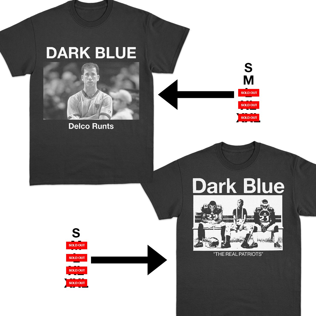 Here's what's left, buy them now so we only have to go to the post office once. Smaller sizes only, perfect for rebellious children, crusty butt-flaps, etc.

Btw, all orders will get a free 7" single and/or Dark Blue badge. So yeah, not bad?

Go with God,
darkblueskins.bandcamp.com/merch