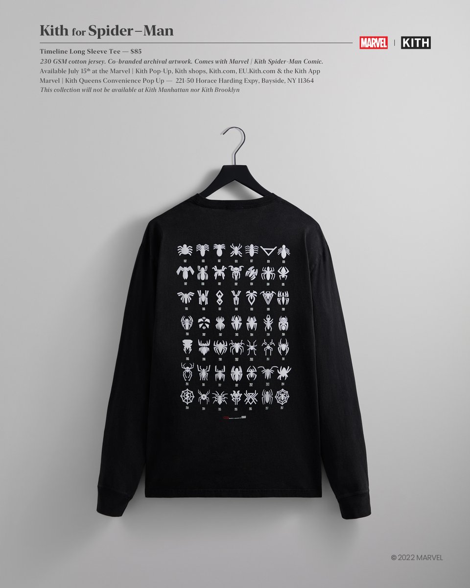KITH's tweet photo. Marvel | Kith Spider-Man 60th Anniversary Collection. Inspired by six decades of the superhero, our Men’s apparel releases this Friday at our Marvel | Kith Spider-Man Pop-up in Queens, NY, 11am EST on https://t.co/846RyI5Wgk &amp; the Kith app, &amp; 11AM CET on https://t.co/F6kWt2Y6F1. https://t.co/t03fHubk2Y
