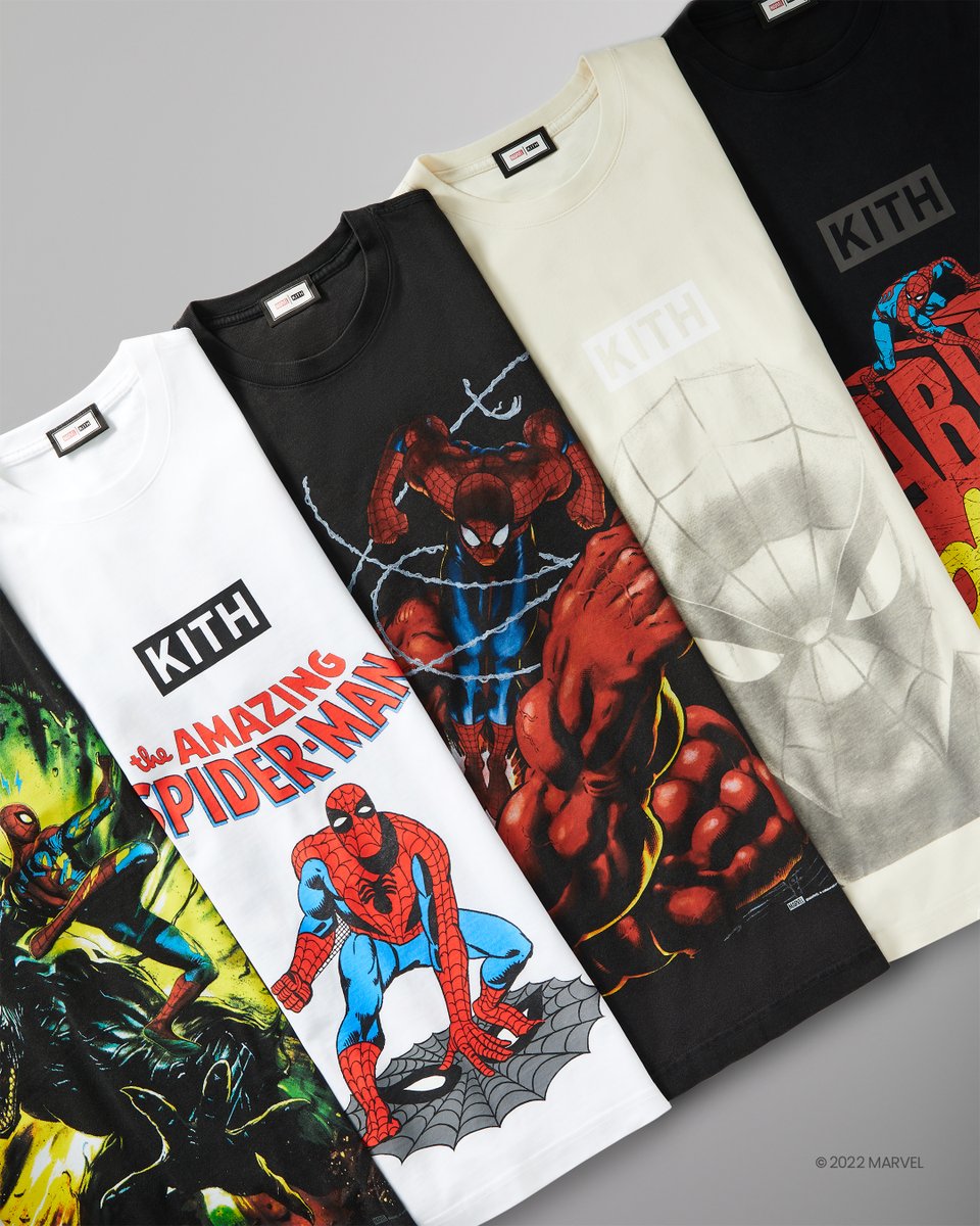 KITH's tweet photo. Marvel | Kith Spider-Man 60th Anniversary Collection. Inspired by six decades of the superhero, our Men’s apparel releases this Friday at our Marvel | Kith Spider-Man Pop-up in Queens, NY, 11am EST on https://t.co/846RyI5Wgk &amp; the Kith app, &amp; 11AM CET on https://t.co/F6kWt2Y6F1. https://t.co/t03fHubk2Y