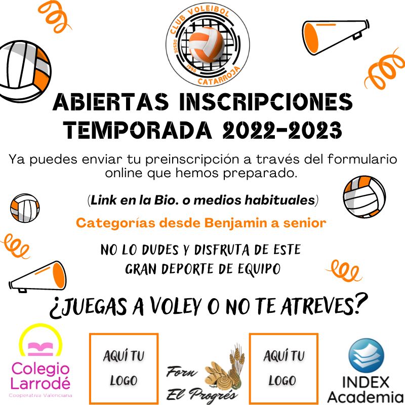 CV_Catarroja's tweet photo. Ja està disponible la reserva de plaça per al #clubvoleibolcatarroja #22-23. Vine a fer #voleibol a #ColegioLarrodé i #CEIP_Vil·la_Romana de #Catarroja #Sompoble #Somvòlei.
Info https://t.co/l2oXfCdwyt
email: clubvoleibolcatarroja@gmail.com
#IESBerenguerDalmau #Massanassa #Albal https://t.co/vWDtF5lBQ4