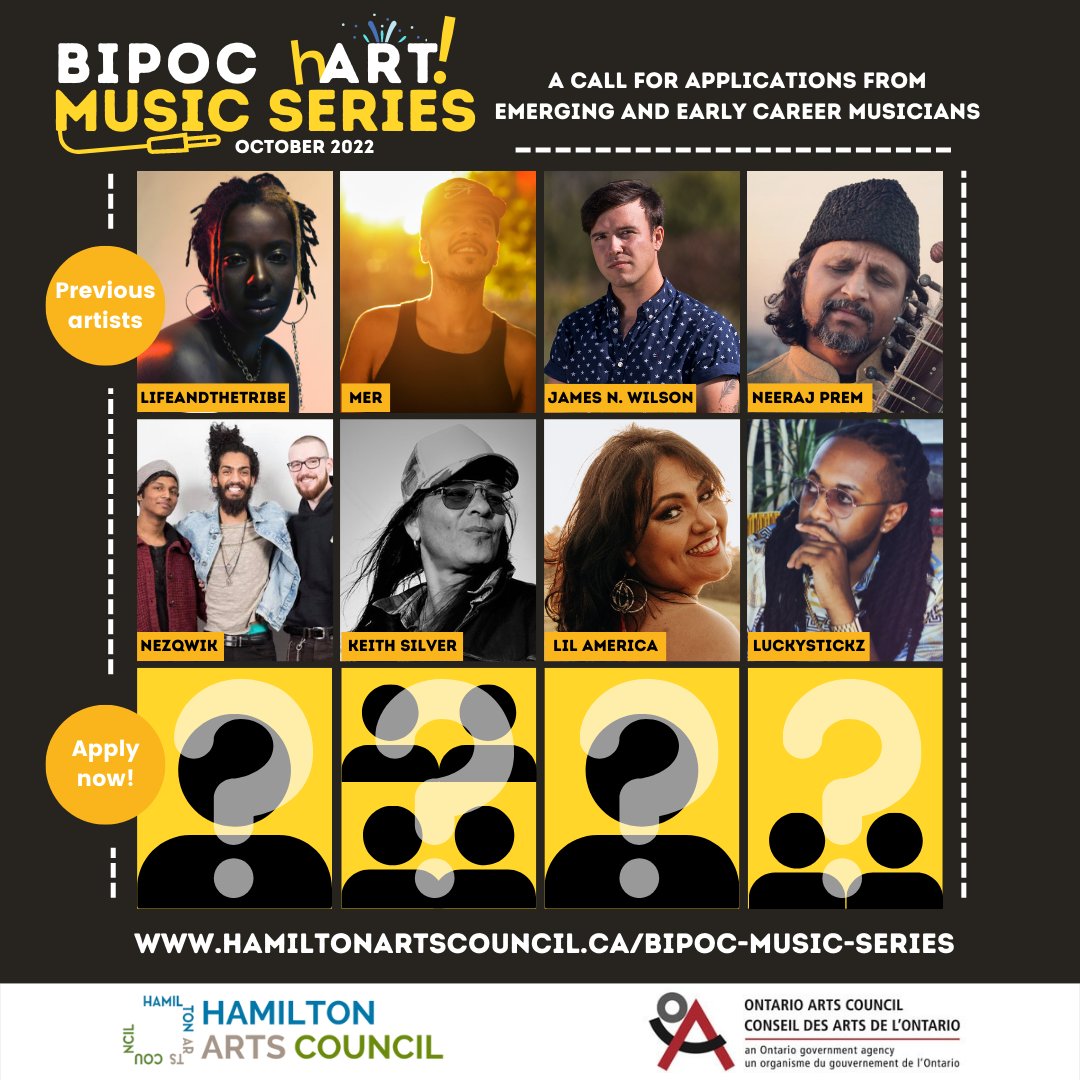 📢 Back for a 3rd series of performances in October

Seeking applications from emerging artists to feature as part of the BIPOC hArt Music Series

ℹ️Application information session: July 27

🚨 Applications Deadline: August 7

hamiltonartscouncil.ca/bipoc-music-se…

#HamOnt #BIPOCMusicHamOnt