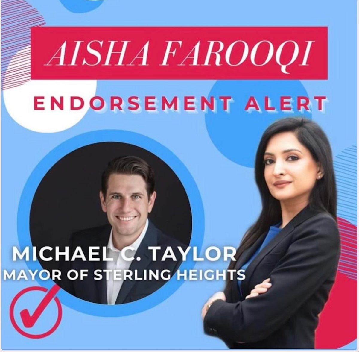 Huge endorsement from <a href="/MayorMikeTaylor/">Michael Taylor</a>! Thank you Michael, I know we both share a love for our hometown of Sterling Heights!