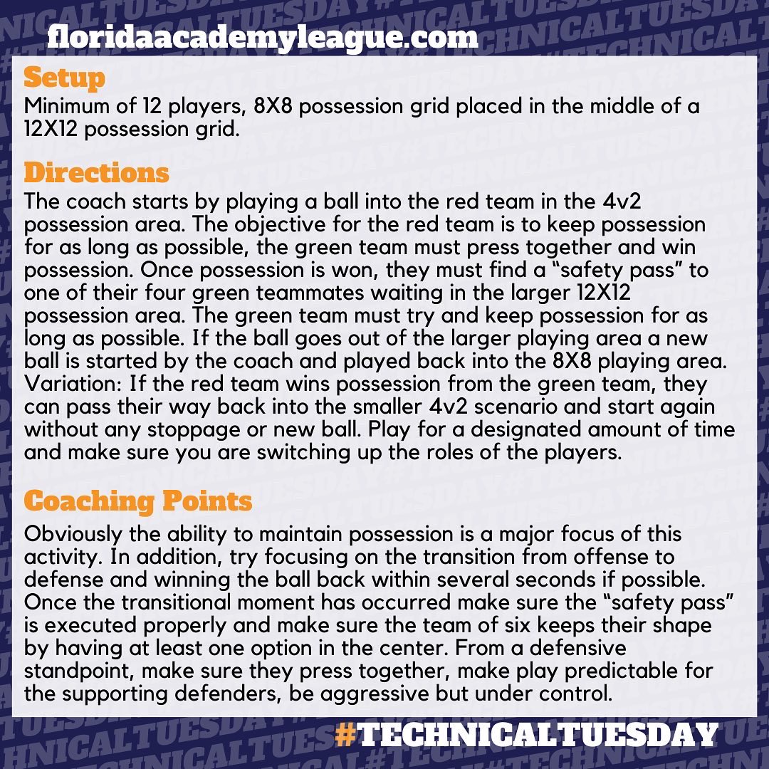 Try this economical activity that works on the “safety pass” as well as pressing. Once the transitional moment happens do you your players have the composure to play out of pressure and do your players have the desire to win the ball back immediately?

#TechnicalTuesday