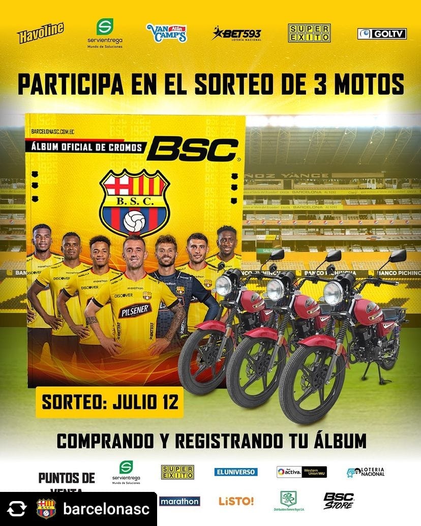 😱 A pocas horas 😱
<a href="/barcelonasc/">BARCELONA S.C.</a> ¡Hoy es el gran sorteo! 🏍️🏍️🏍️

Participa por una de las 3 motos registrando tu #ÁlbumOficialBSC en album.barcelonasc.com.ec 👨‍💻📙

Inicia un #LegadoBSC para las nuevas generaciones 👦👧💛