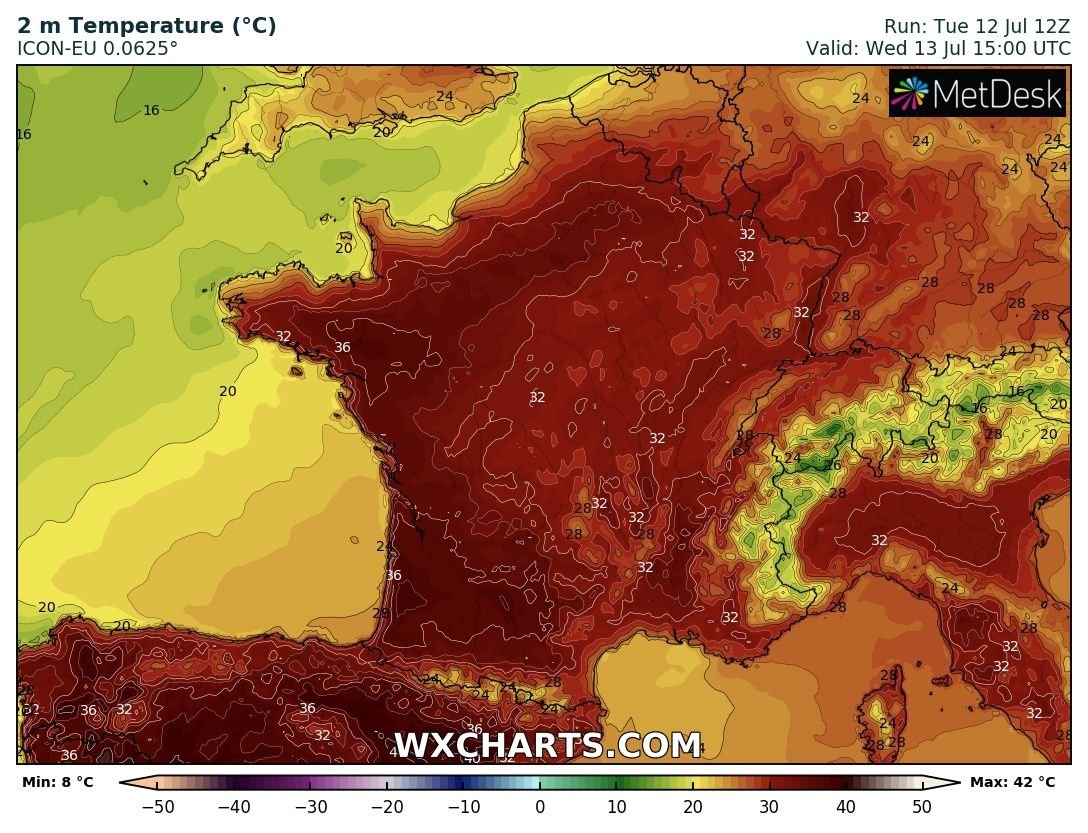 #Canicule - Maxi supérieures à 38°C à Mont-de-Marsan et Cazaux ce mardi. 
Souvent 36 à 38°C ailleurs en Aquitaine et Occitanie. Localement 39°C sur le réseau secondaire.

Demain, peut-être 1°C de plus au sud, avec la barre des 36/37°C qui sera atteinte vers le nord et nord-ouest. 