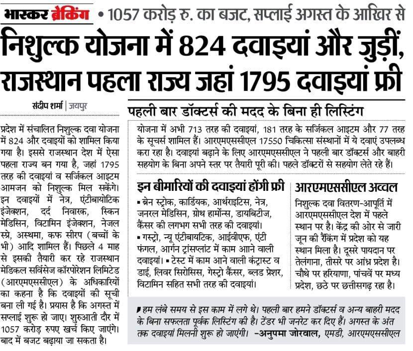 राजस्थान में कांग्रेस सरकार द्वारा चलाई जा रही निशुल्क दवा योजना में 824 और दवाइओं को शामिल किया गया है। राजस्थान देश का पहला ऐसा राज्य बना जहां लगभग 1795 दवाइयां बिल्कुल मुफ़्त मिल रही हैं।

<a href="/INCIndia/">Congress</a> <a href="/INCDelhi/">Delhi Congress</a> <a href="/INC_Television/">INC TV</a> <a href="/RahulGandhi/">Rahul Gandhi</a> <a href="/sanjaygabaINC/">Sanjay Gaba</a>