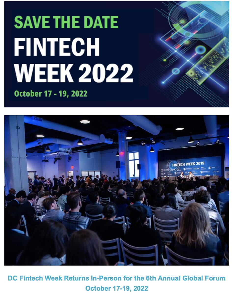 ChrisBrummerDr's tweet photo. DC Fintech Week returns in person, October 17-19, 2022. With lots of hard work—and goodwill from friends around the world—it's  become the country's premier forum on financial technology and policy.  Look forward to seeing everyone in Washington this fall.
https://t.co/EmiXuQTH9L https://t.co/y1clzTqxfo