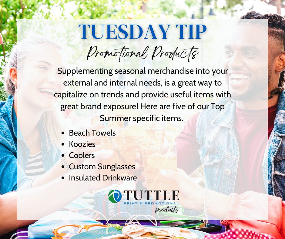 TuttlePrinting's tweet photo. Summer is here! One of the best ways to keep your brand front and center is by providing your employees and clients with useful items that they can use during the summer.

Call us today to get started at 800-776-7682

#Tuttleprintsit #promotionalproducts #Tuesdaytip https://t.co/G7Qsvhq9u7