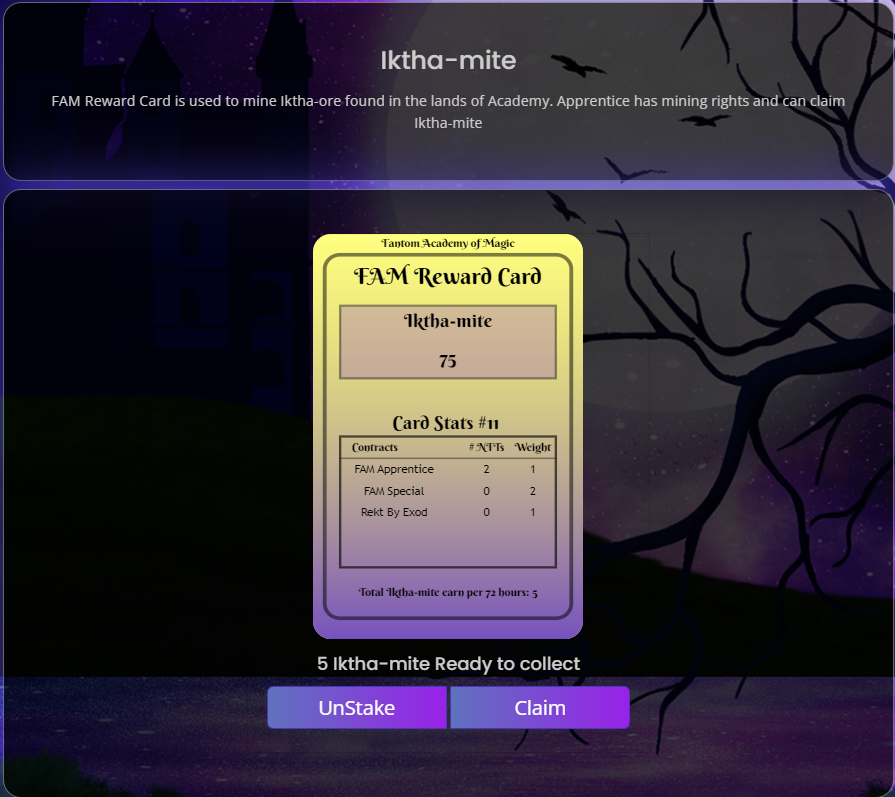 Once staked, you can view the stats of your Reward Card. 
Number of Apprentice #NFTs owned dictates the amount of Ikthamite you're eligible to claim.
Rn frequency of collection is every 3 days to ensure that active participants are rewarded rather than someone who mints &amp; forgets