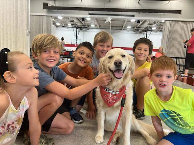 GoshenMH's tweet photo. It was a special morning welcoming Learning Academy students back to campus. The awesome LA staff welcomed us in, and thanks to Mrs. Walker, Mrs. Denu and their special service pups, we're another step closer to back to normal! @GoshenLocal @denulovesmath @KWalkerGMS https://t.co/2KzRhkLRvJ