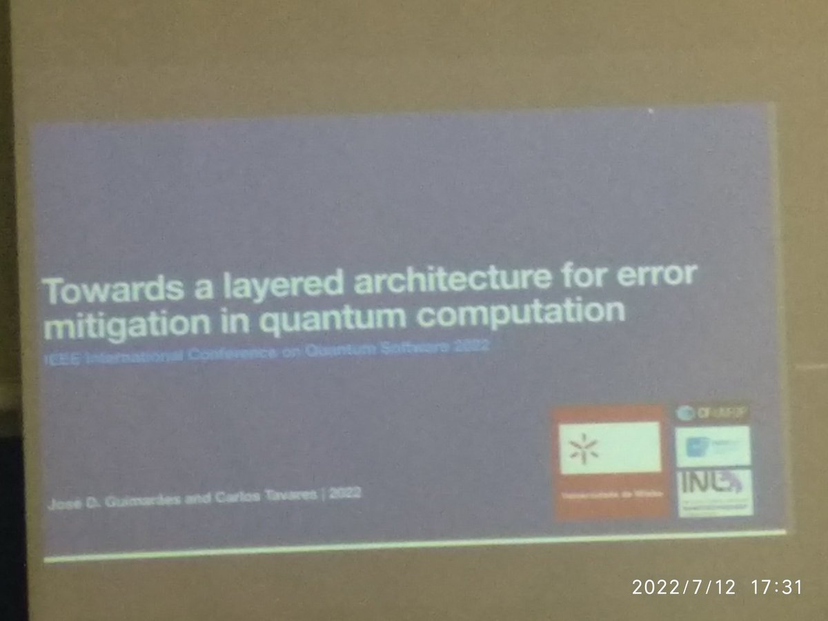 QuantumSoftwar3's tweet photo. Just started the last session of #QSW2022 with the talk of José Guimarães titled: "Towards a Layered Architecture for Error Mitigation in Quantum Computation". https://t.co/lO2YH9n4Ab