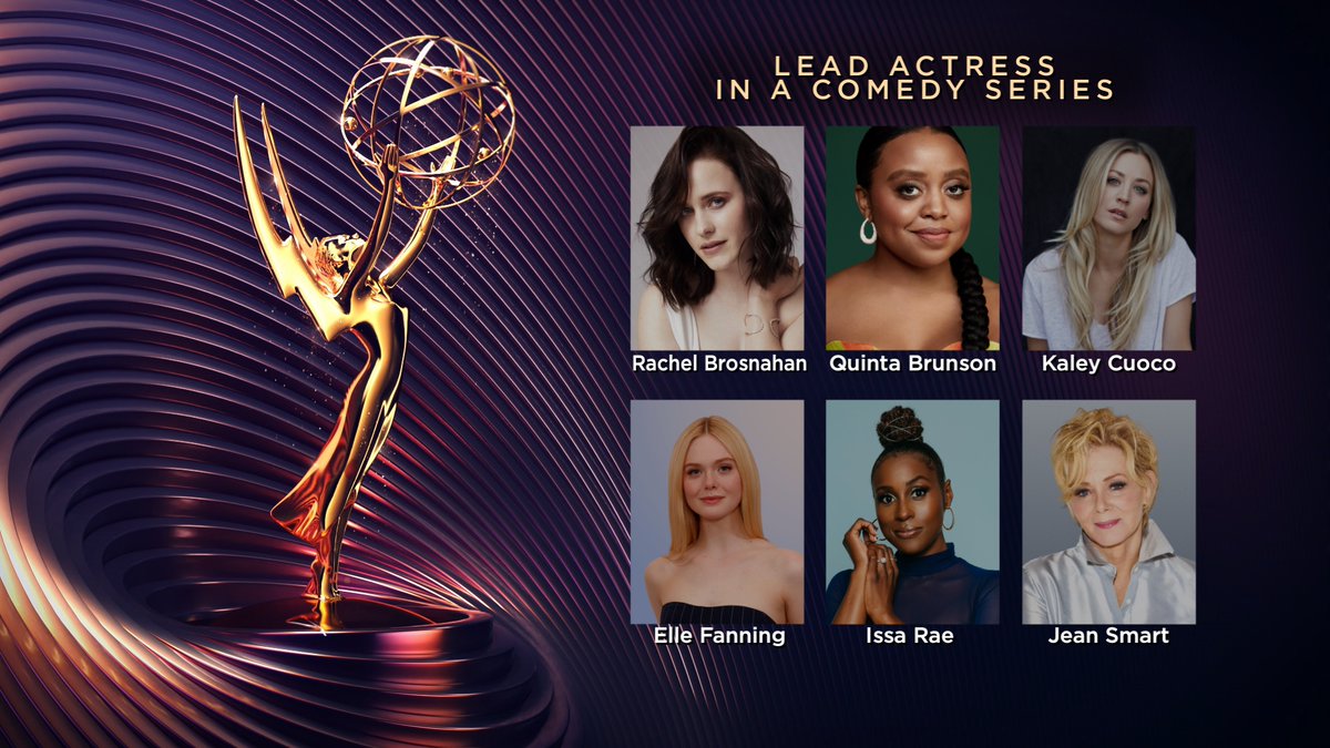 The #Emmy nominees for Lead Actress in a Comedy Series are:

@RachelBros (@MaiselTV)
@QuintaBrunson (@AbbottElemABC)
Kaley Cuoco (@FlightAttendant)
Elle Fanning (@TheGreatHulu)
@IssaRae (@InsecureHBO) 
Jean Smart (#Hacks)

#EmmyNoms #Emmys #Emmys2022