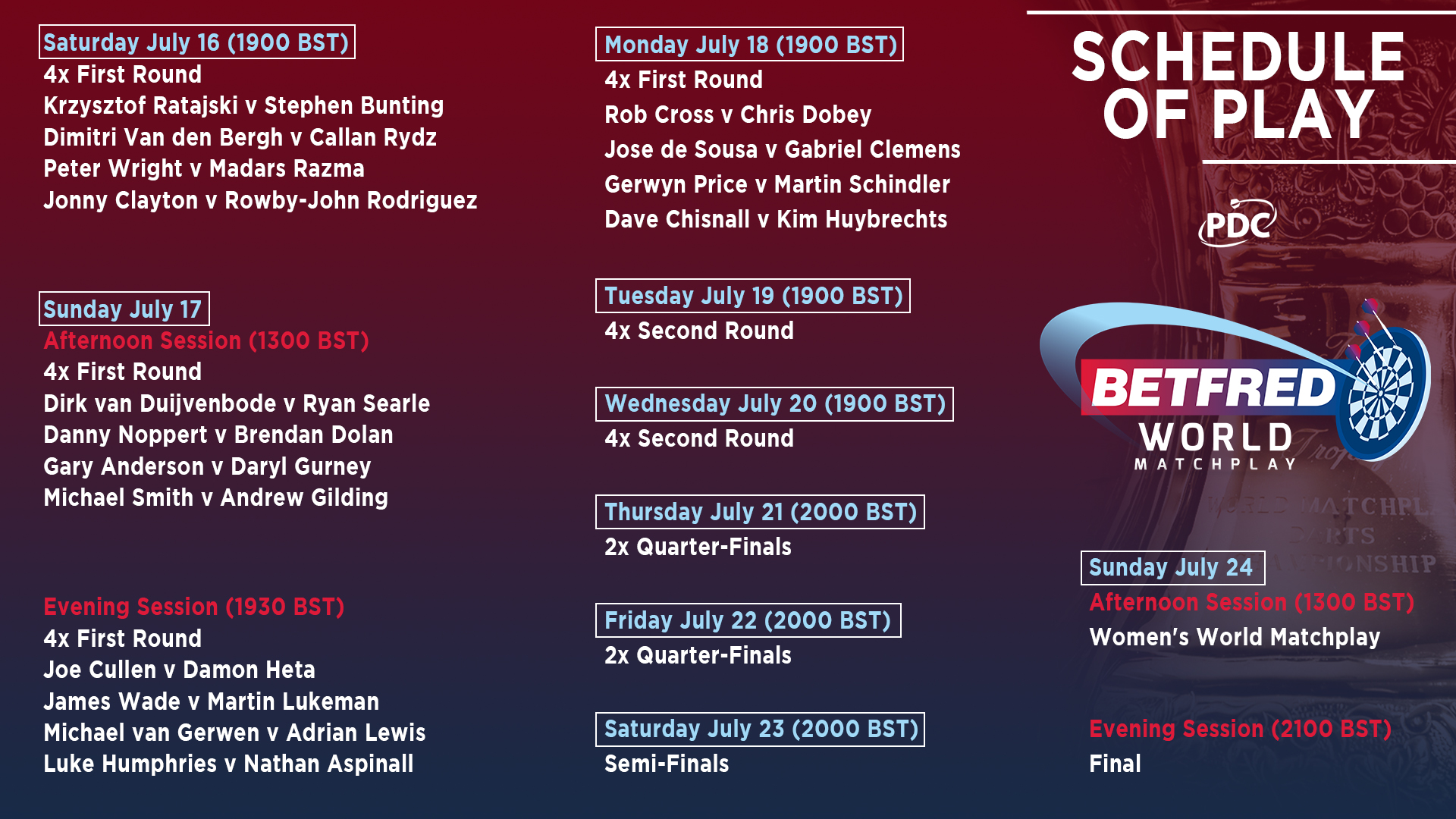 PDC Darts on Twitter "SCHEDULE OF PLAY! Here's the confirmed schedule