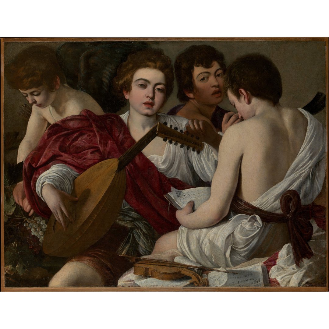 An oil painting of four people wearing robes, one holding a lute.