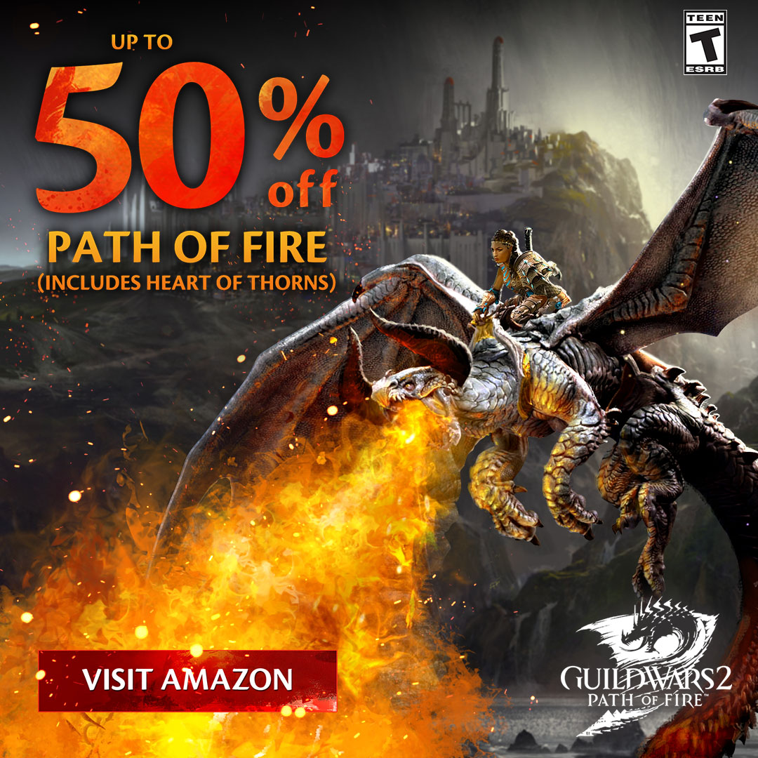 GuildWars2's tweet photo. #PrimeDay is here! We've got discounts on #GuildWars2 gem cards and on the Path of Fire expansion. Read on for all the details! https://t.co/aXW8umPLAu https://t.co/h3VEr57HCR