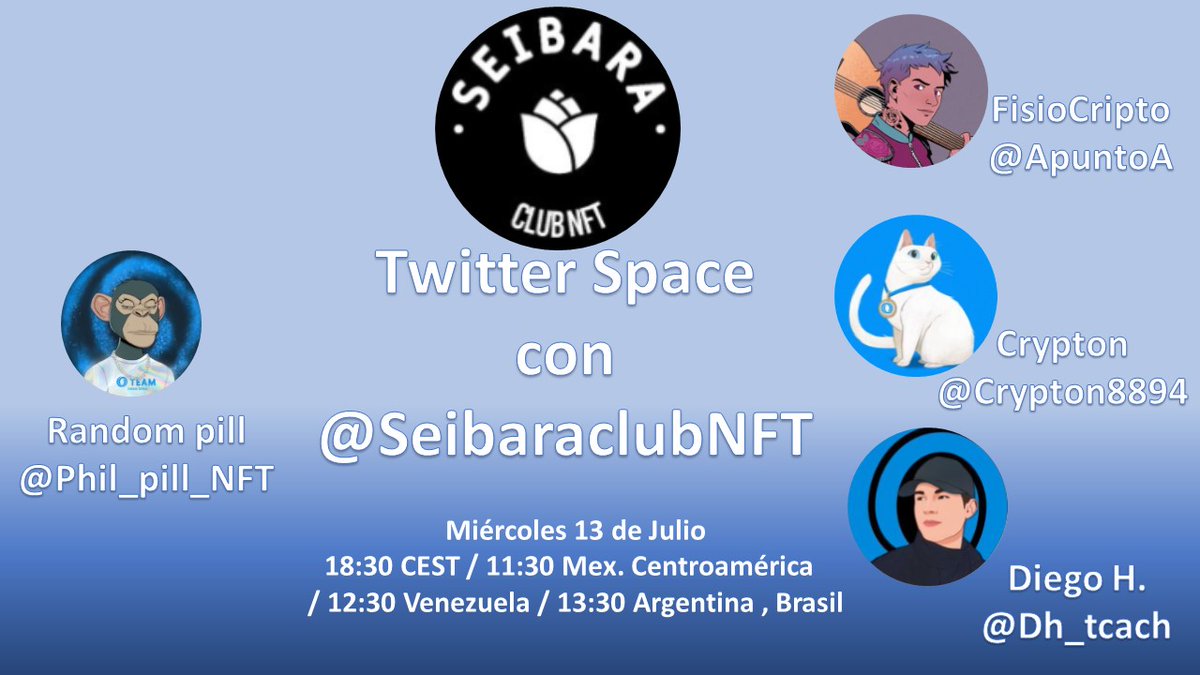 Aquí tenéis el link del Twitter space con @SeibaraClubNFT
Será un espacio en español, y charlaremos sobre su proyecto. x.com/i/spaces/1mnxe…