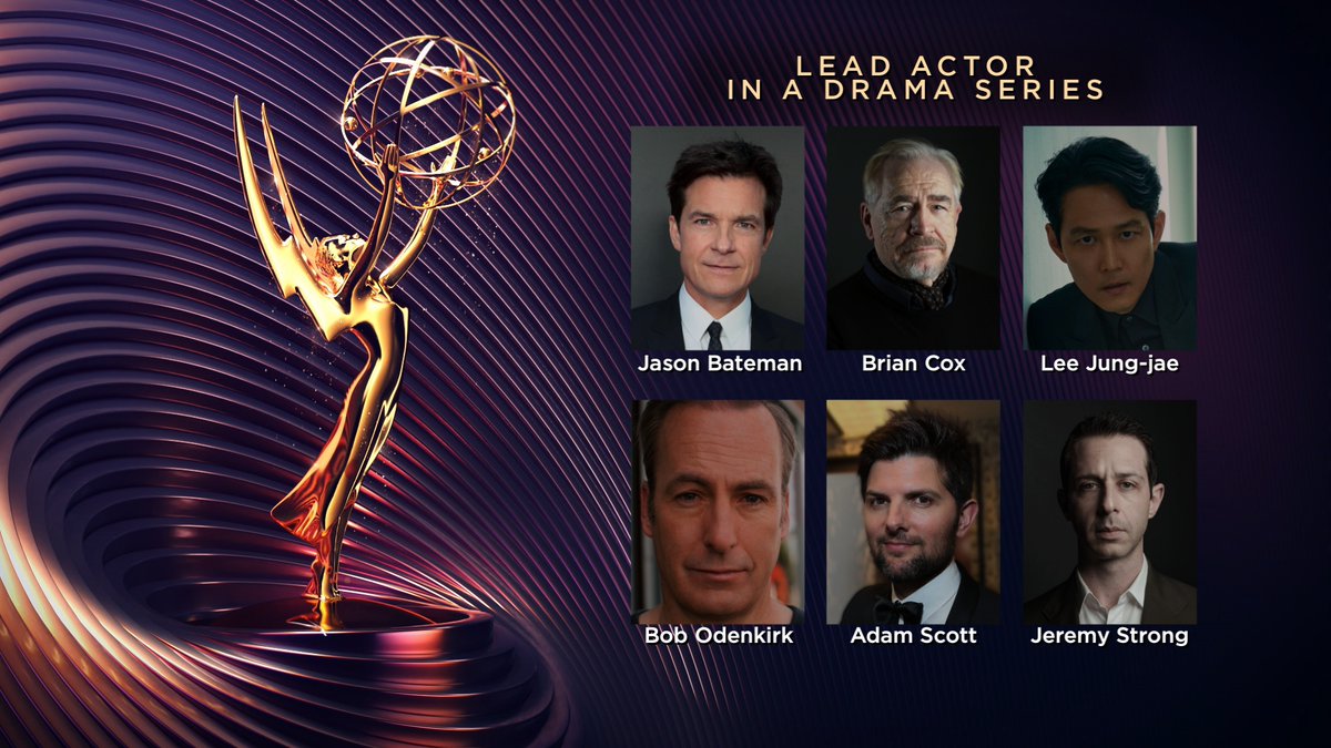 The #Emmy nominees for Lead Actor in a Drama Series are:

@BatemanJason (#Ozark)
Brian Cox (@Succession)
Lee Jung-jae (@SquidGame)
@MrBobOdenkirk (@BetterCallSaul)
@MrAdamScott (#Severance)
Jeremy Strong (@Succession)

#EmmyNoms #Emmys #Emmys2022