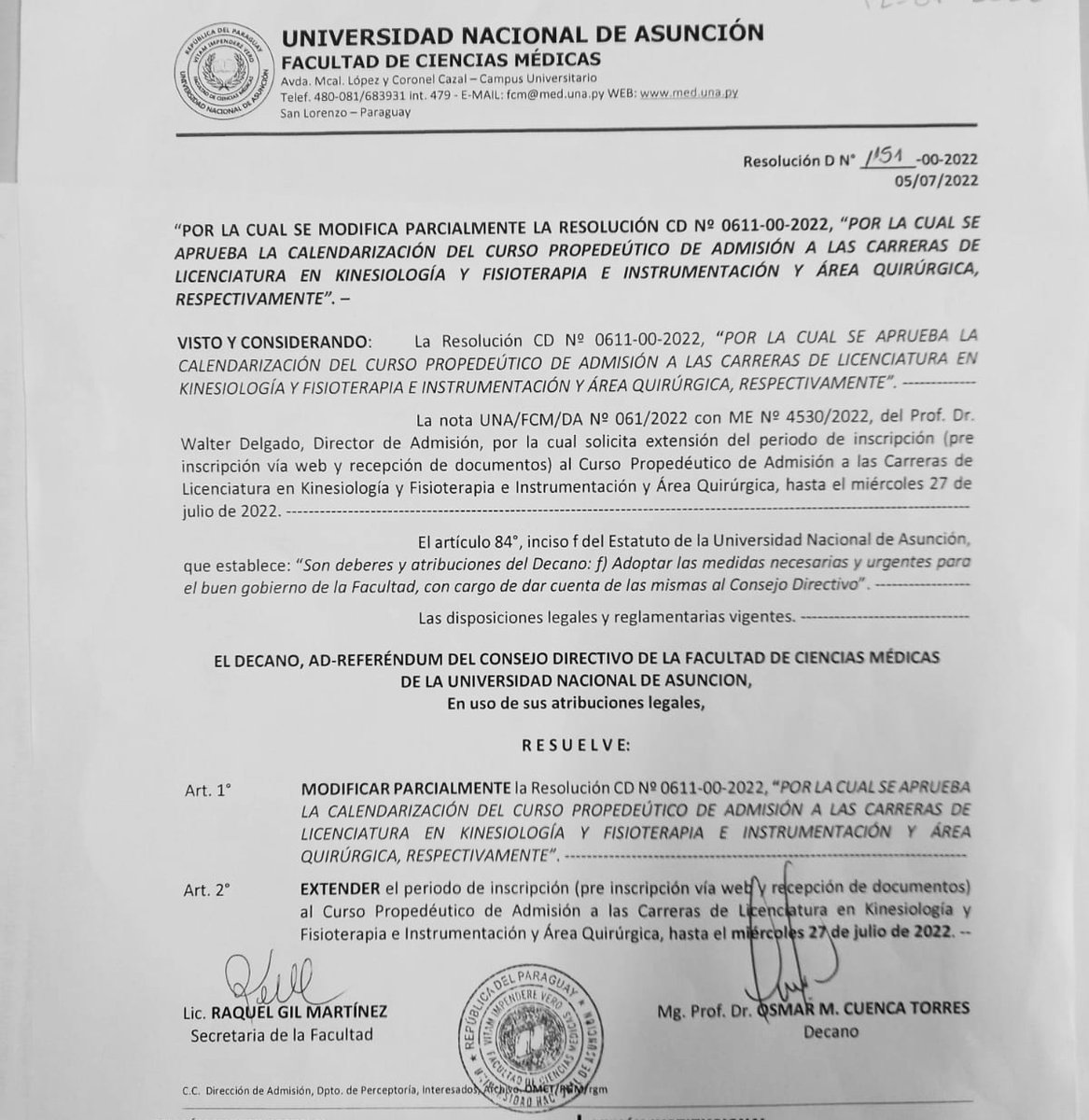 ATENCIÓN! INFORMACIÓN IMPORTANTE. Según resolución 1151-00-2022 se extiende el periodo de inscripción al Curso Propedéutico de Admisión a la Carrera de Kinesiología y Fisioterapia hasta el MIÉRCOLES 27 DE JULIO DE 2022