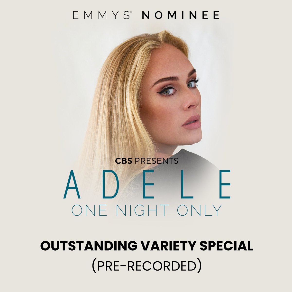 “Adele: One Night Only” has been nominated for Outstanding Variety Special (Pre-Recorded) at the 2022 #Emmys. 

Congrats to everyone involved 👏