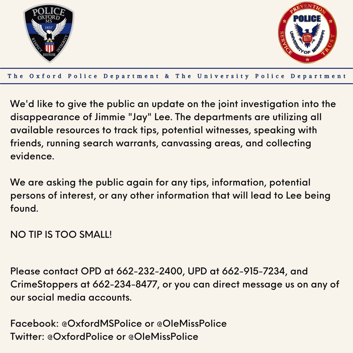 OxfordPolice's tweet photo. Here is an update on the Jimmie "Jay" Lee case.

CrimeStoppers has pledged $1,000 for anyone with information that leads to Lee being found.

For any media inquiries for OPD or UPD, please do not tie up our office lines and potentially prevent tips, email bjones@oxfordpolice.net. https://t.co/dJW9unOsvd