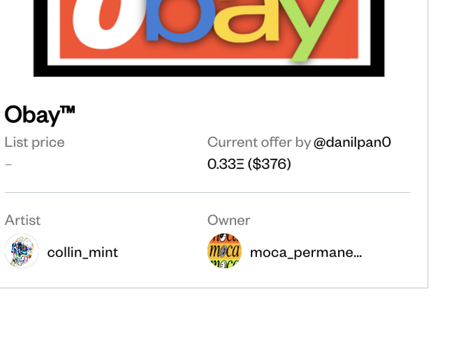 CollinsCustomIP's tweet photo. compy ded 💻💀. Driving to Sac today with Oskey.
0.33 bid on #Obay, but don't streess, would be rad to have @pan_danil as first-collector!
https://t.co/kjIBe6iqWQ
(didja see Danil's SR#1 went for almost 4 eth!!) https://t.co/U4yfpooySv