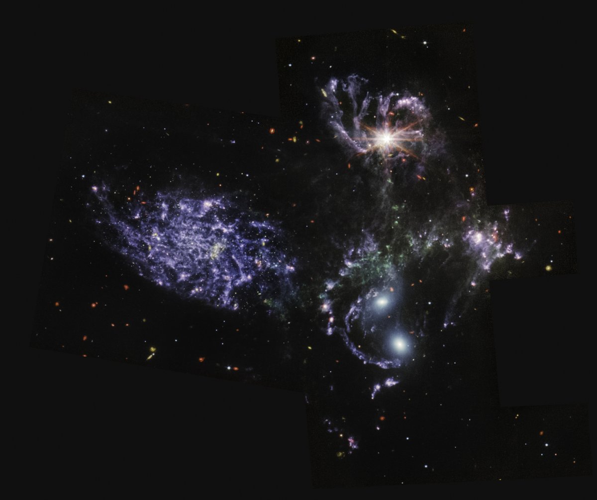 Using its Mid-Infrared Instrument, the James Webb telescope captured never-before-seen details of Stephan’s Quintet, a visual grouping of five galaxies. 

📸: NASA, ESA, CSA, STScI