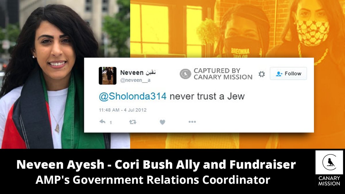 canarymission's tweet photo. 2/ @CoriBush with ally and fundraiser @neveen___a and @lsarsour. This is the same Neveen Ayesh who stated “Jews #WorstThingInTheWorld." and “never trust a Jew."
https://t.co/Y18l6uqULD https://t.co/wSvUbIuwhH