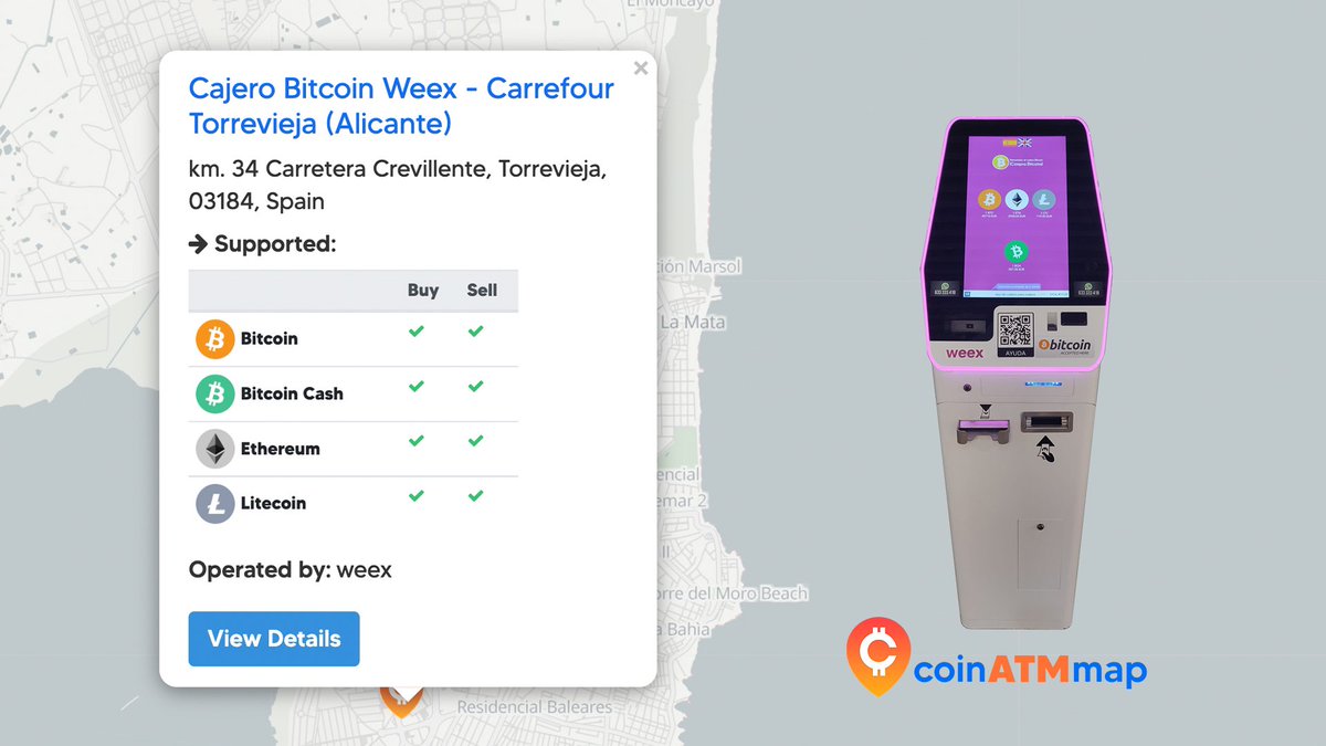 coinatmmap's tweet photo. Check out this #Bitcoin ATM by @weex_es in #Torrevieja #Spain. This machine supports #BTC, #BCH, #LTC, &amp; #Ethereum. Find this #BitcoinATM and others at #CoinATMmap (link in Bio). https://t.co/bCrlOycpCc