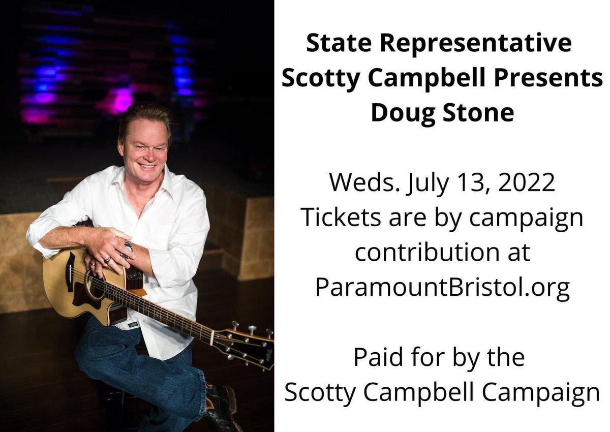 Tomorrow! See Doug Stone live at Paramount Bristol. Doug Stone has 15 top 10 hits... including 8 #1 singles! The concert is July 13 and presented by the Scotty Campbell Campaign. Get tickets: paramountbristol.org/event/doug-sto…
